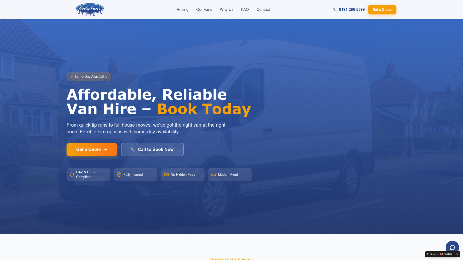 Only Van Hire website preview